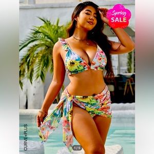 🍉Shein plus size floral print ruffle trim side tie bikini, boho, 4X, NWT